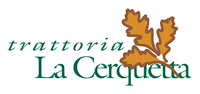 Trattoria La Cerquetta logo with green script text and an oak leaf graphic