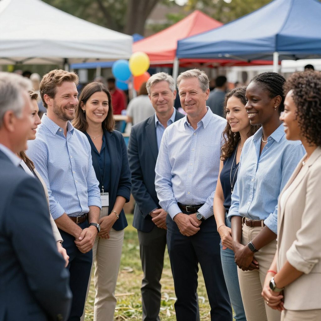 Contact Us! Group of people chatting outdoors at a community event with tents and balloons in the background