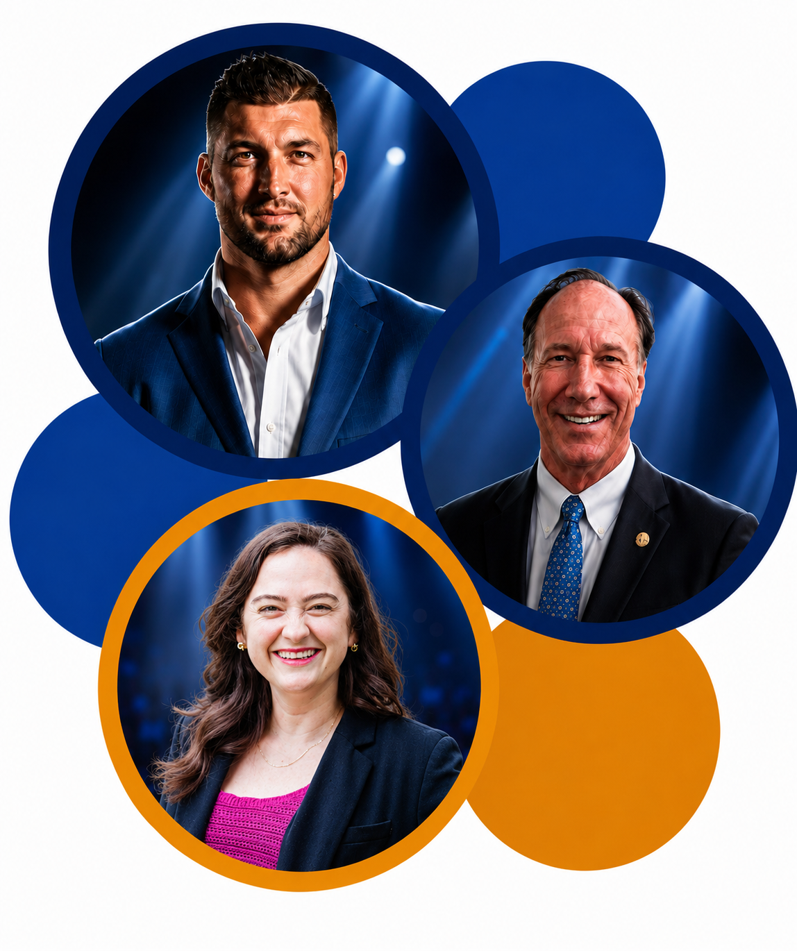 Three professional headshots in blue and orange circular frames on a white background