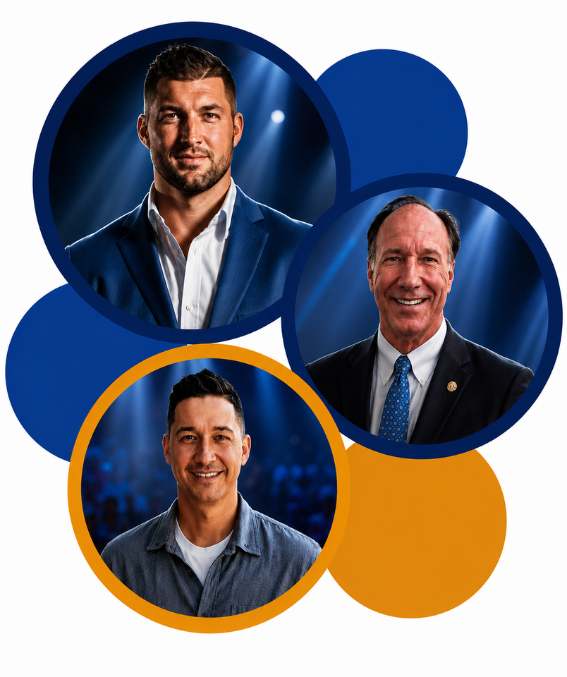 Three professional headshots in blue and orange circular frames on a white background