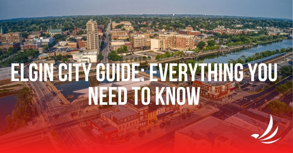 Aerial photo of Elgin, Illinois downtown for Falcon Moving’s guide on moving to and living in Elgin.