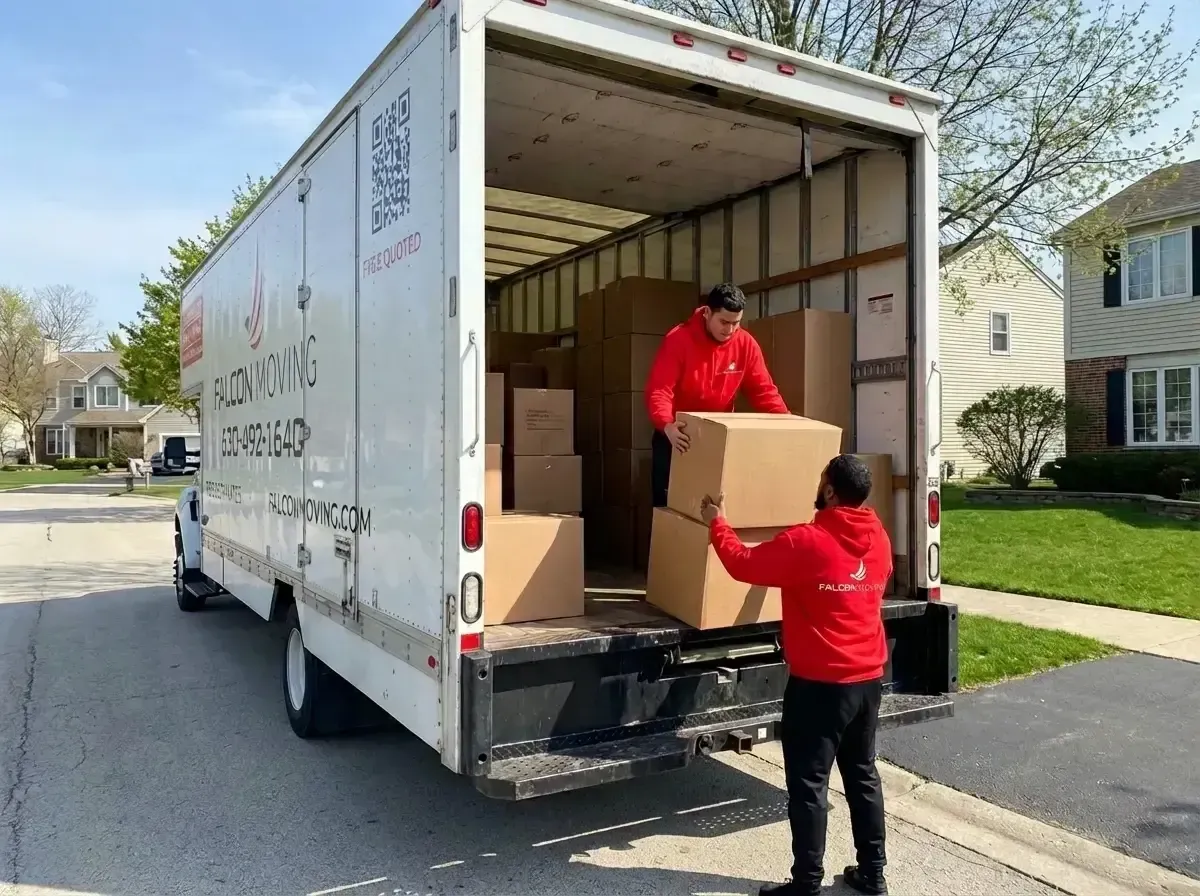 Two people in red sweatshirts loading cardboard boxes into the back of a parked white moving truck.