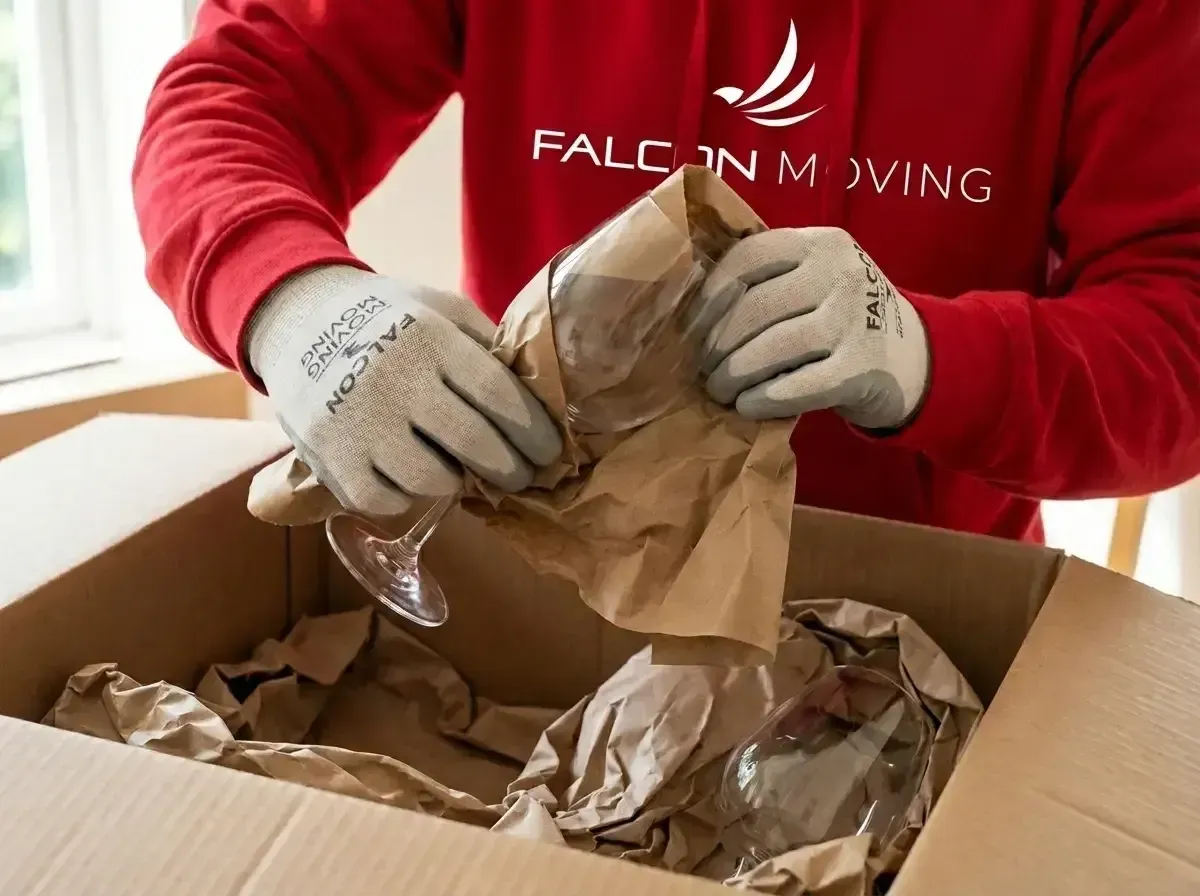 A person in a red Falcon Moving hoodie wearing work gloves carefully wraps a wine glass in brown paper over a box.