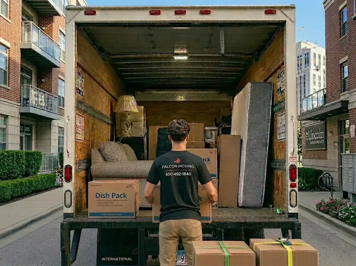 Cardboard boxes and items stacked in room, ready for a move.