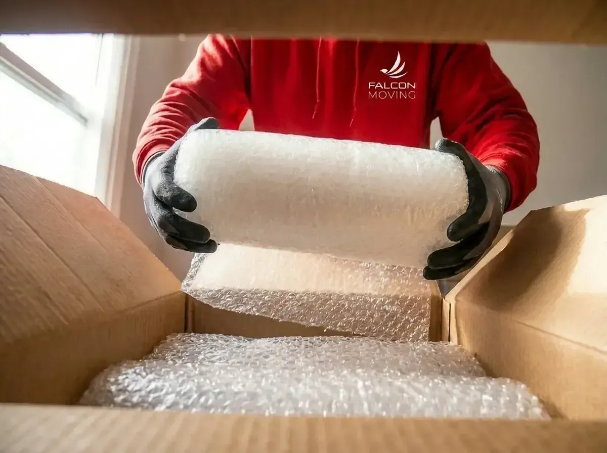 A person in a red hoodie and black gloves places a roll of bubble wrap into a cardboard box lined with packing material.