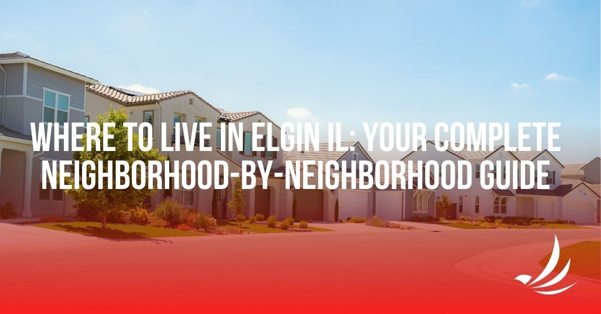 Header: Guide for neighborhoods in Elgin, IL, with houses and a red overlay.