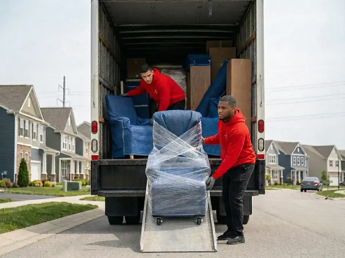 Two movers in red hoodies load a plastic-wrapped armchair down a moving truck ramp in a residential neighborhood.
