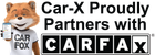 Car-X fox holding phone, advertising partnership with Carfax.