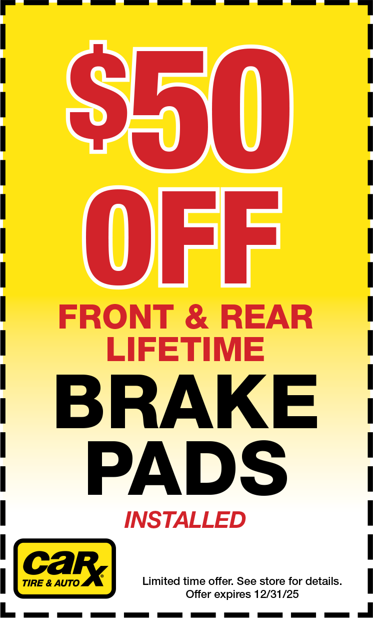 Yellow and black coupon: $50 off front & rear lifetime brake pads installed at Car-X Tire & Auto.