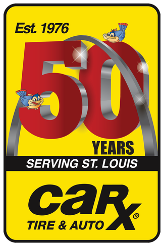 Car-X 50th-anniversary logo: Yellow emblem with text, cartoon birds, and a banner 