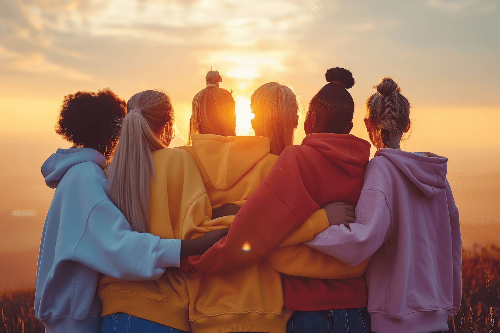 A group of young women are hugging each other and looking at the sunset.