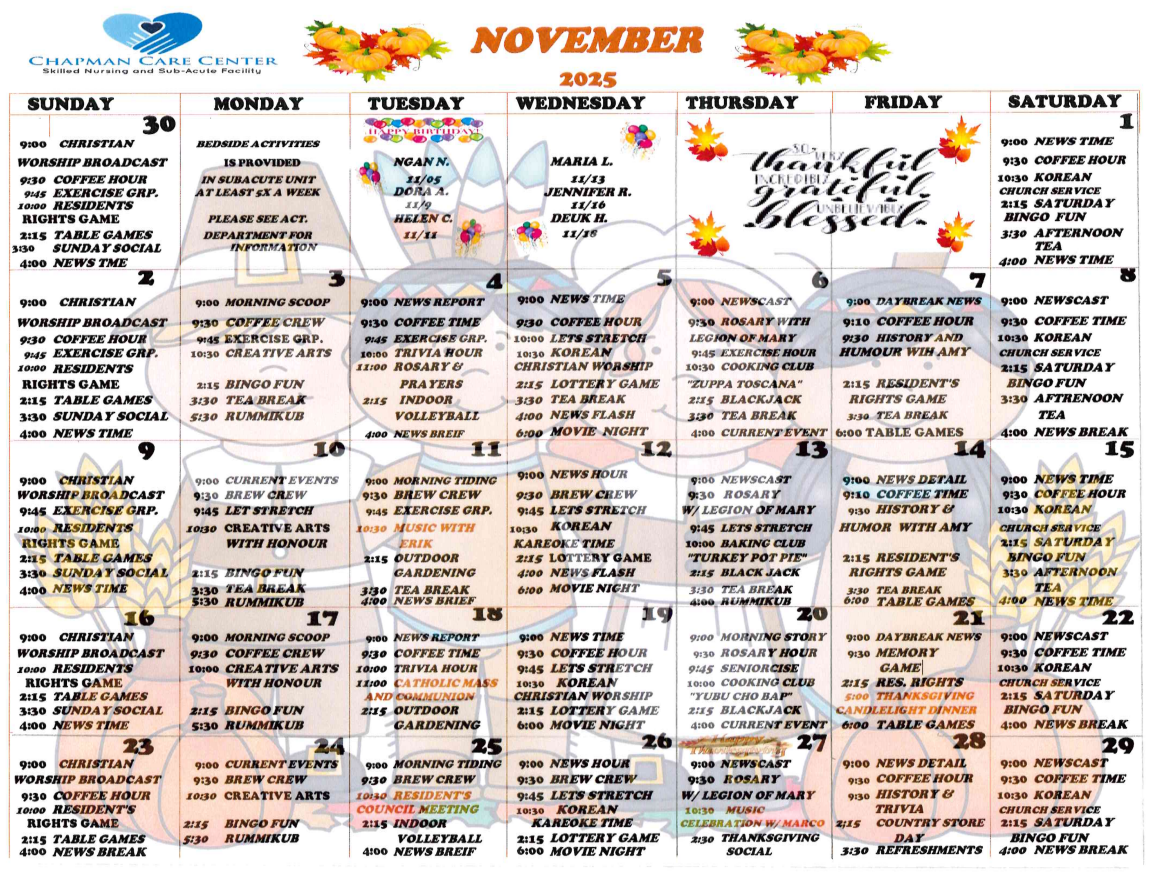 English Activity Calendar | Chapman Care Center