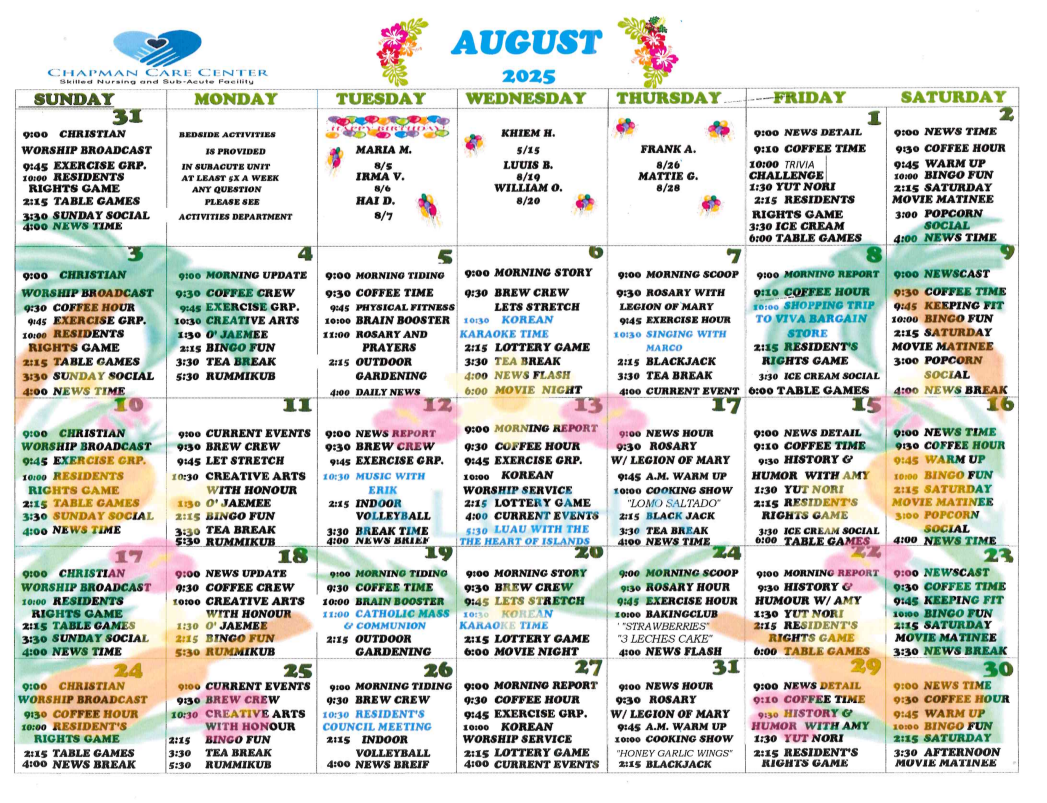 English Activity Calendar | Chapman Care Center
