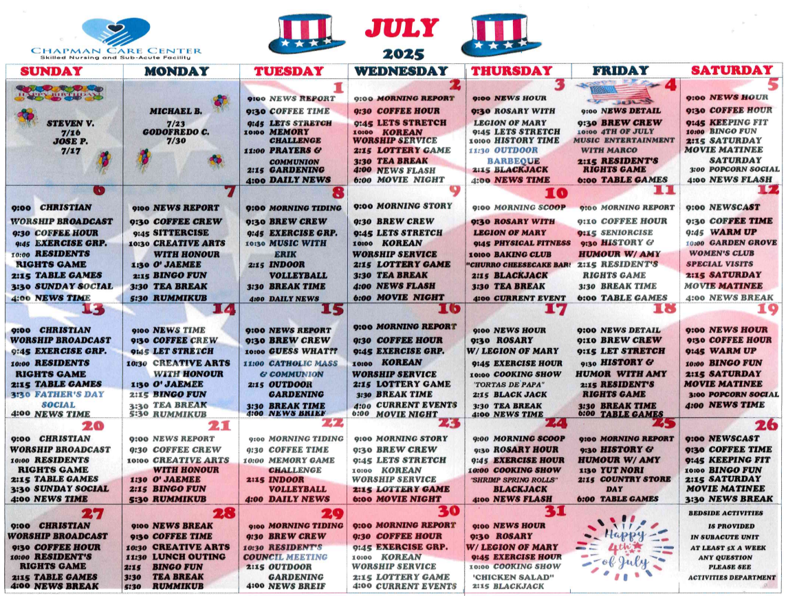 English Activity Calendar | Chapman Care Center