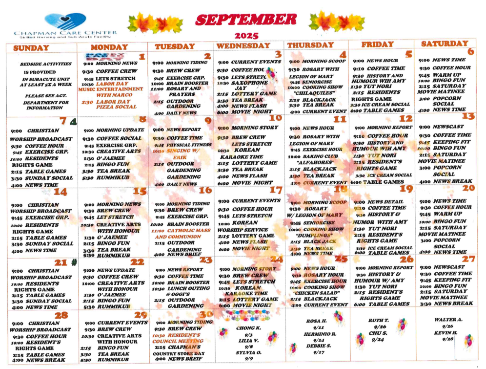 English Activity Calendar | Chapman Care Center