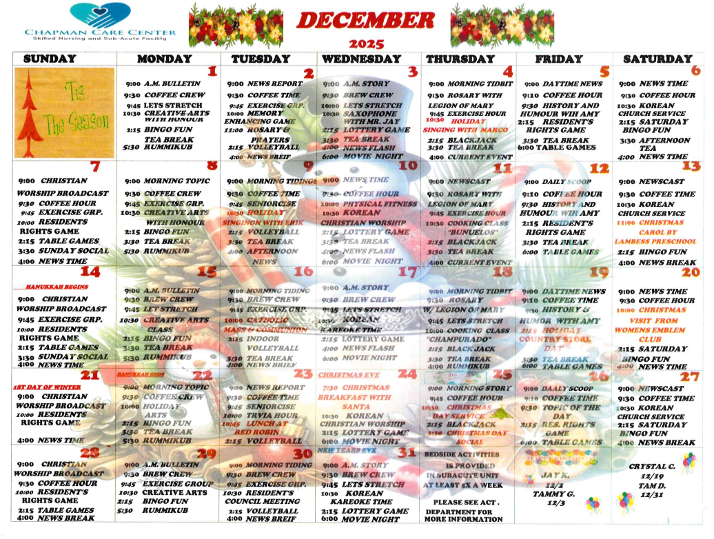 English Activity Calendar | Chapman Care Center