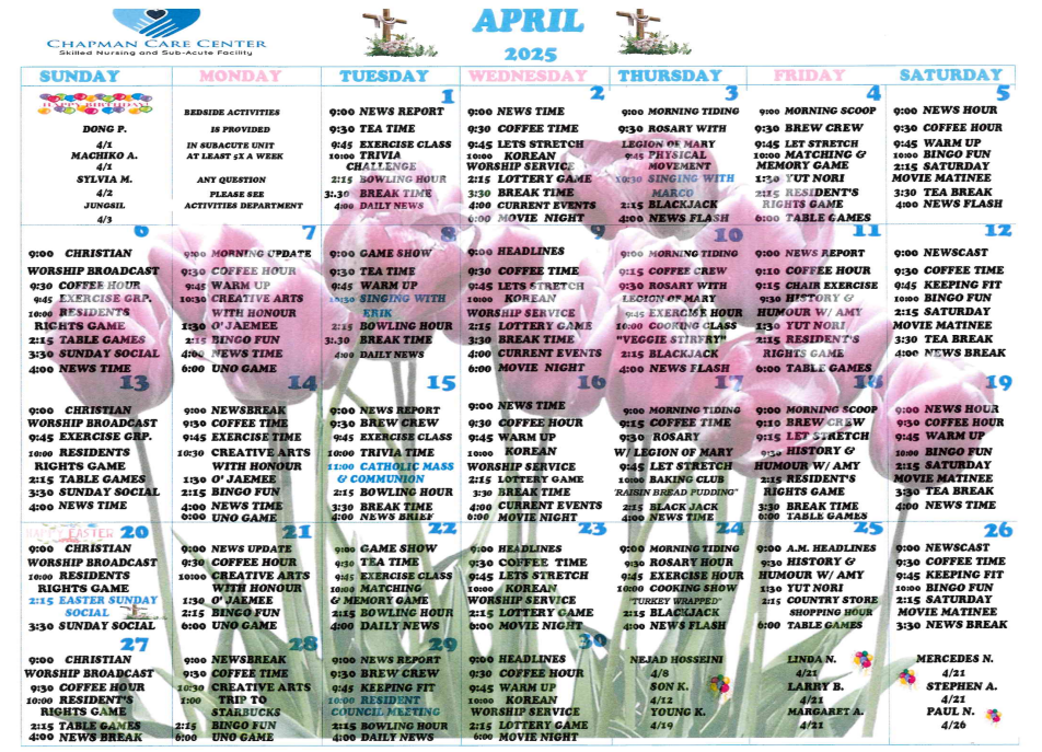 English Activity Calendar | Chapman Care Center