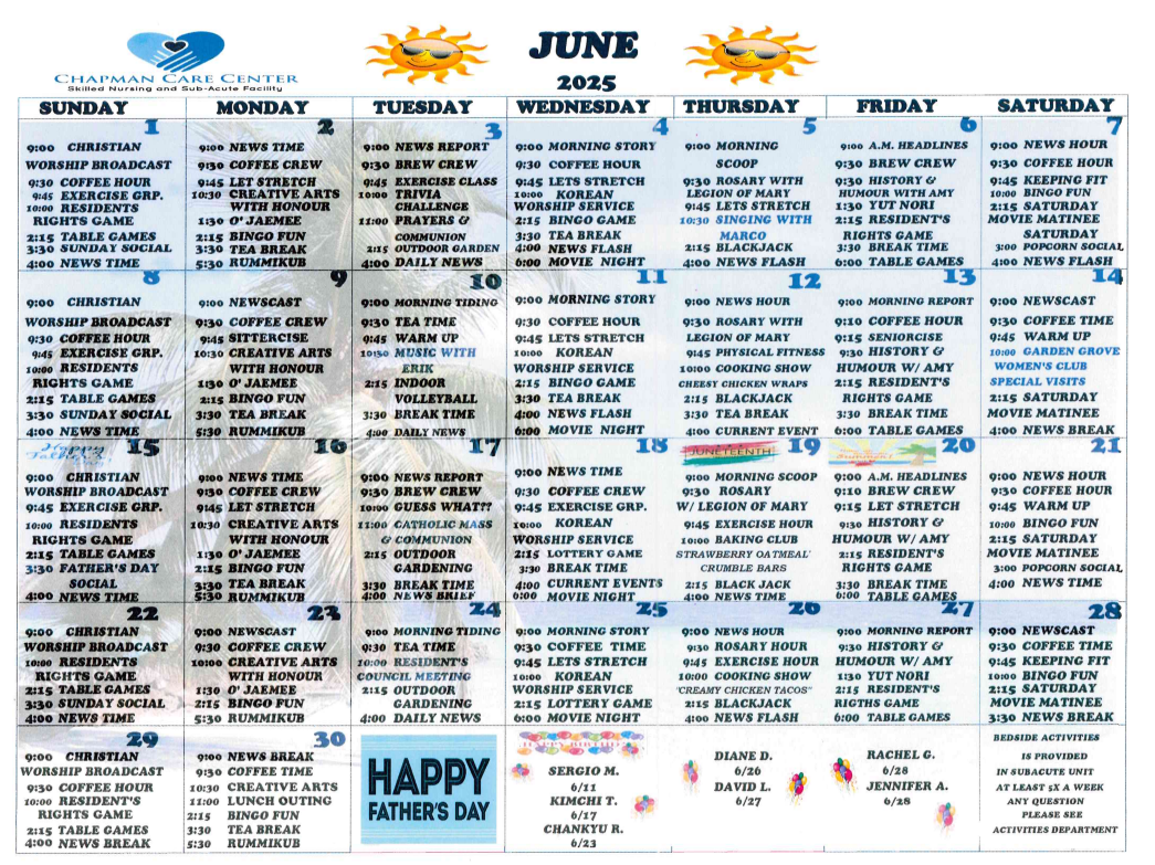 English Activity Calendar | Chapman Care Center