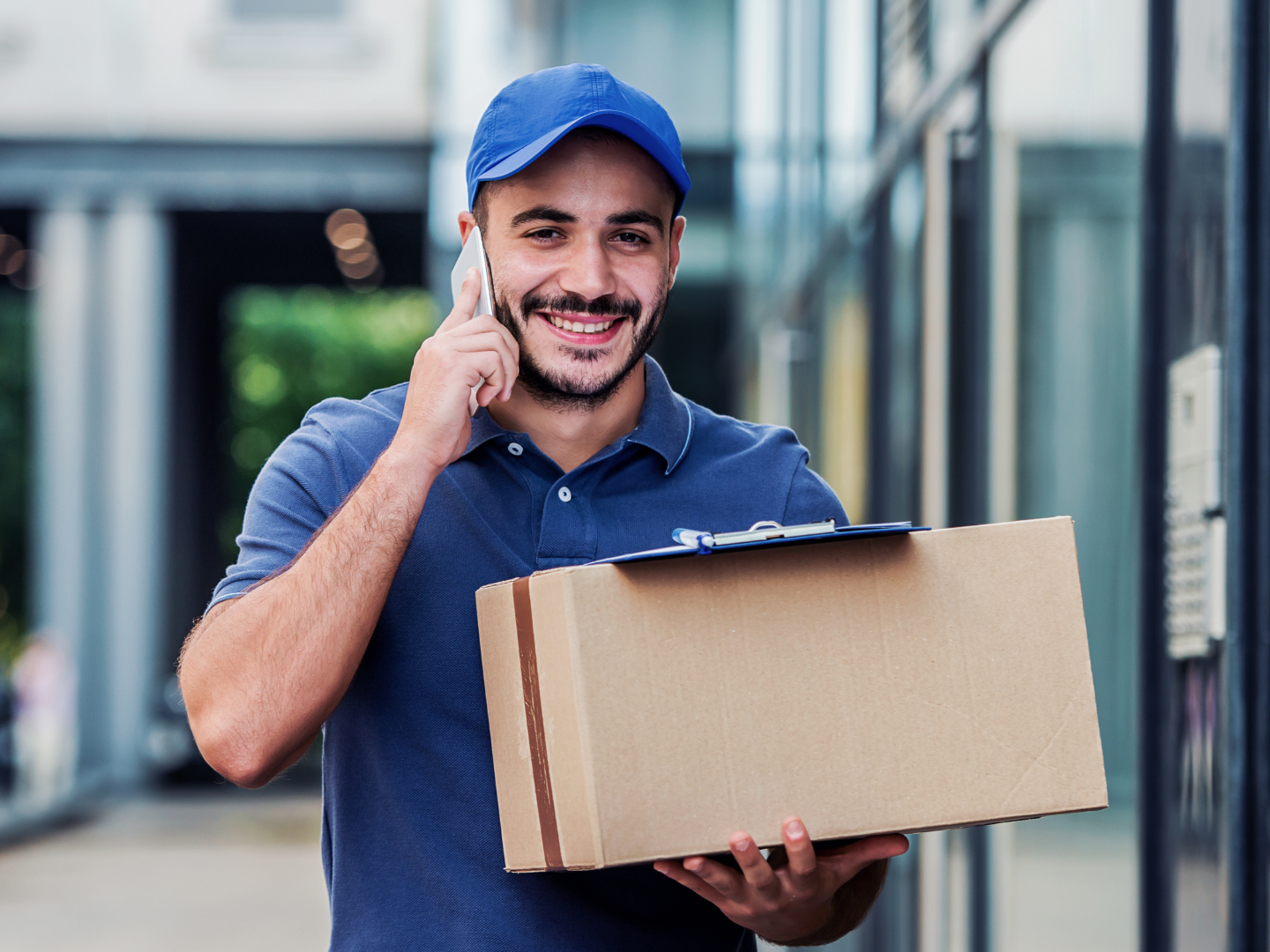 A delivery man is holding a cardboard box and talking on a cell phone.