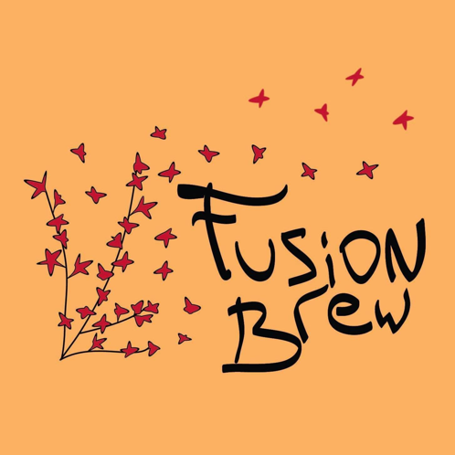 A logo for fusion brew with flowers and butterflies