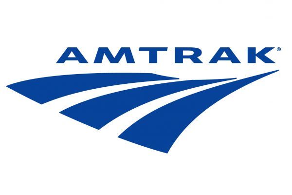 A blue and white amtrak logo on a white background