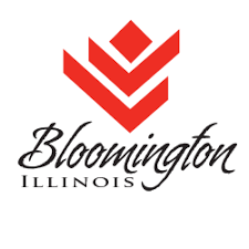 A logo for bloomington illinois with a red arrow