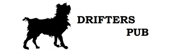 A logo for drifters pub with a silhouette of a dog