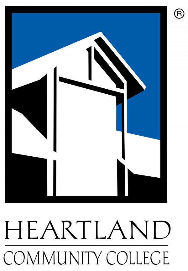 The logo for heartland community college shows a building with a blue sky in the background.