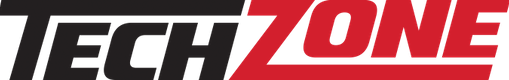 A red and black logo for tech zone on a white background.
