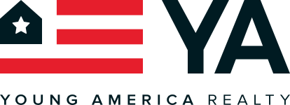 The logo for young america realty shows an american flag and a star.