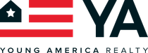 The logo for young america realty shows an american flag and a star.