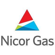 The nicor gas logo is a red , blue , and green triangle.