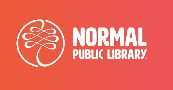 The normal public library logo is on a red background.
