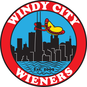 A logo for windy city wieners shows a hot dog flying through the air