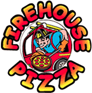 A firehouse pizza logo with a fireman in a fire truck