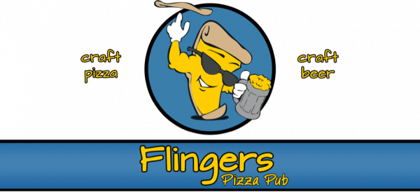 A logo for flingers pizza pub with a cartoon character