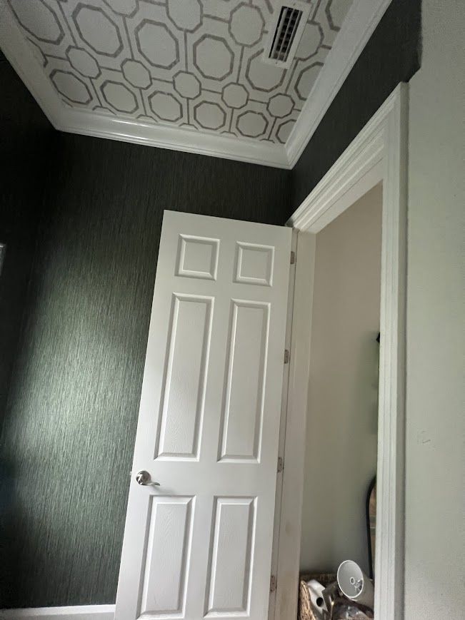 White door ajar, dark wall, decorative ceiling.