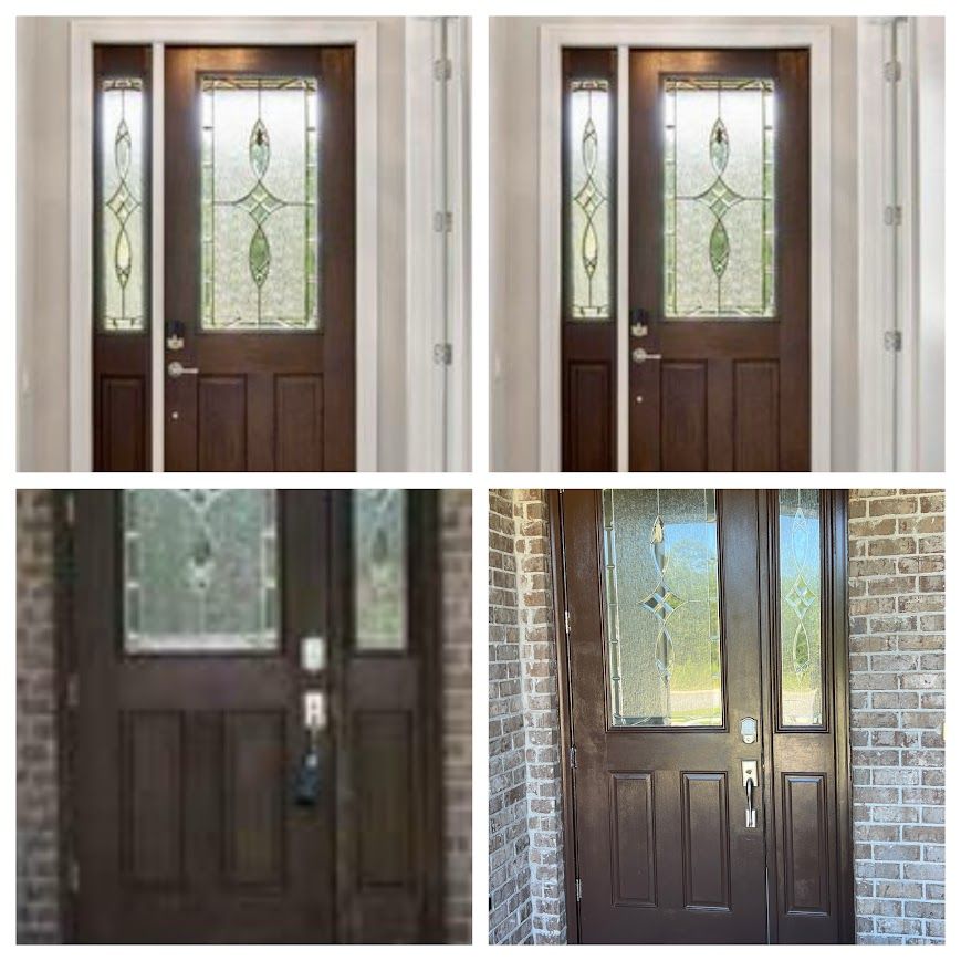 Four views of a brown stained front door with glass panels and sidelights.