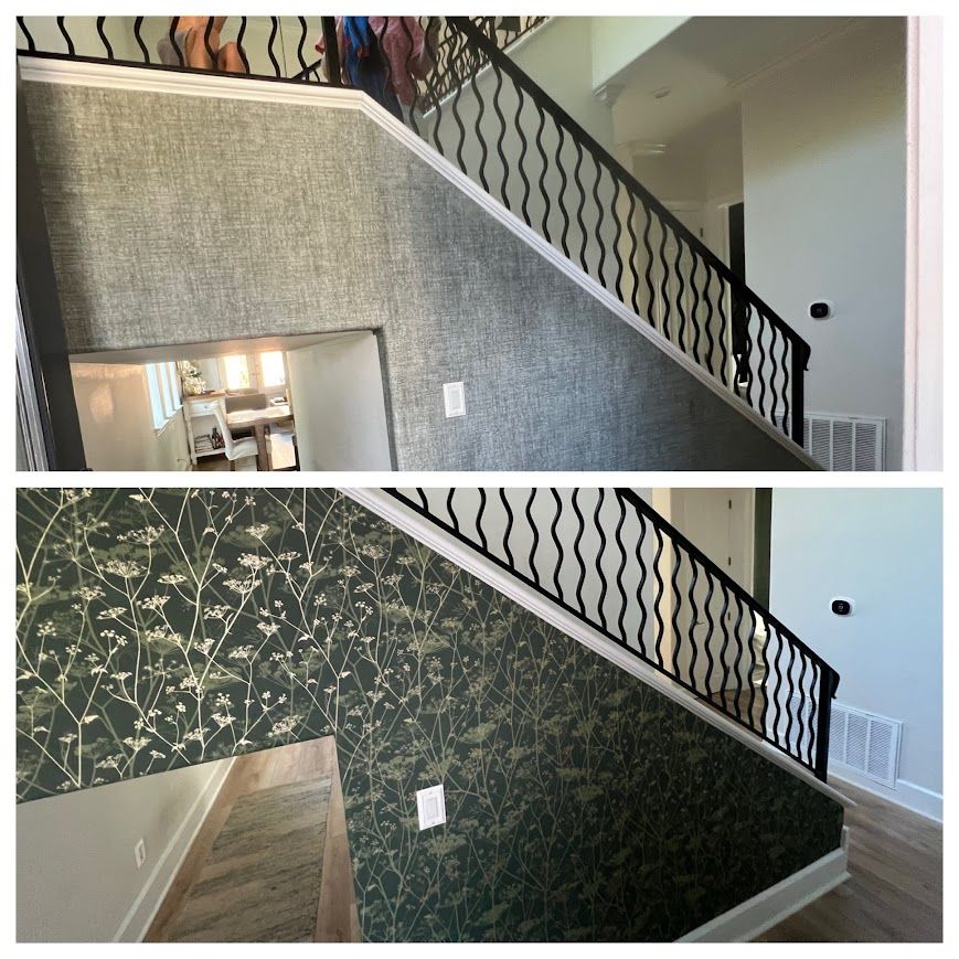 Top: Stairwell with gray textured wall. Bottom: Stairwell with dark green floral wallpaper. Black railing.