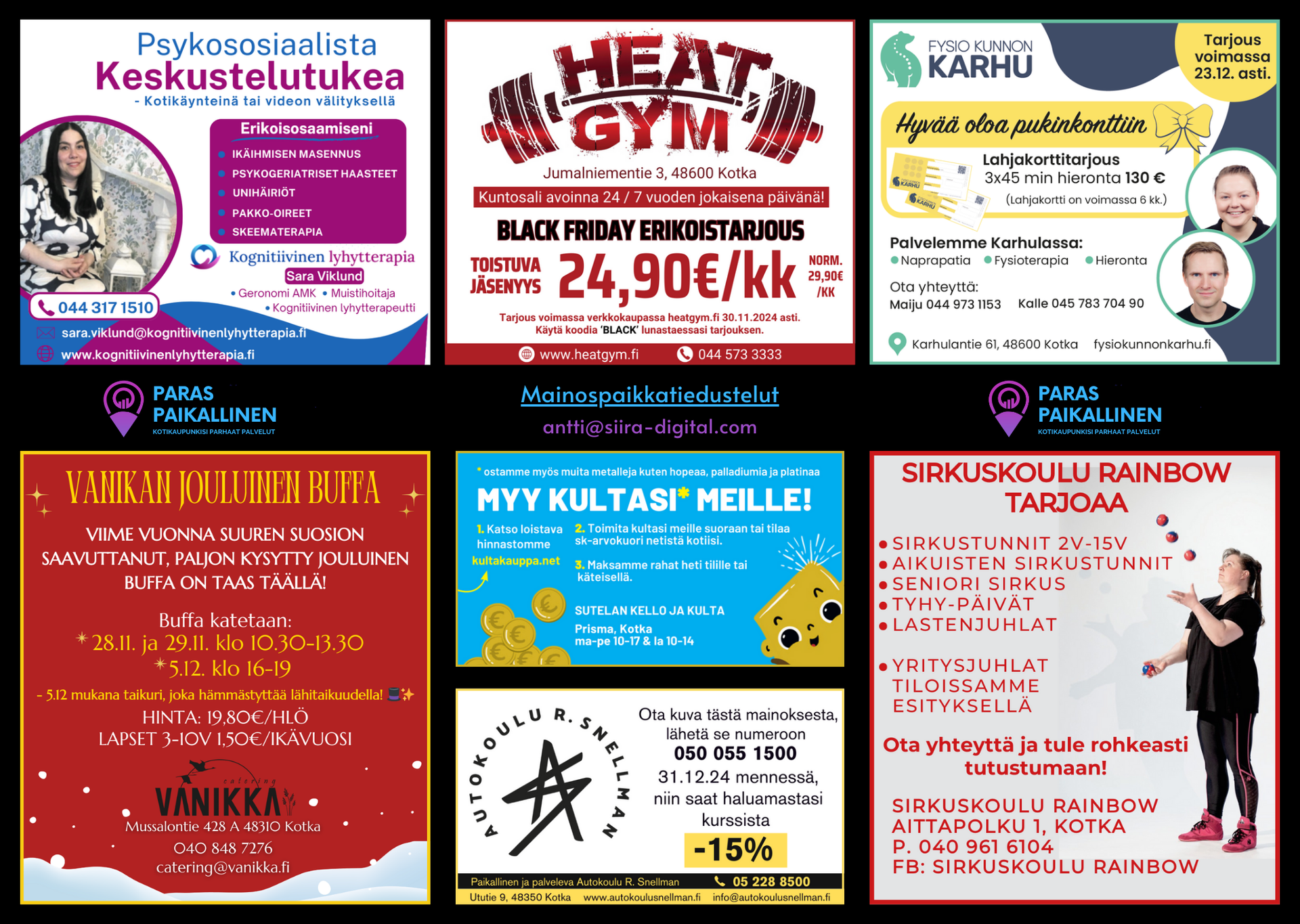 Kollaasi mainoksista, mukaan lukien kuntosali ja fysioterapeutti