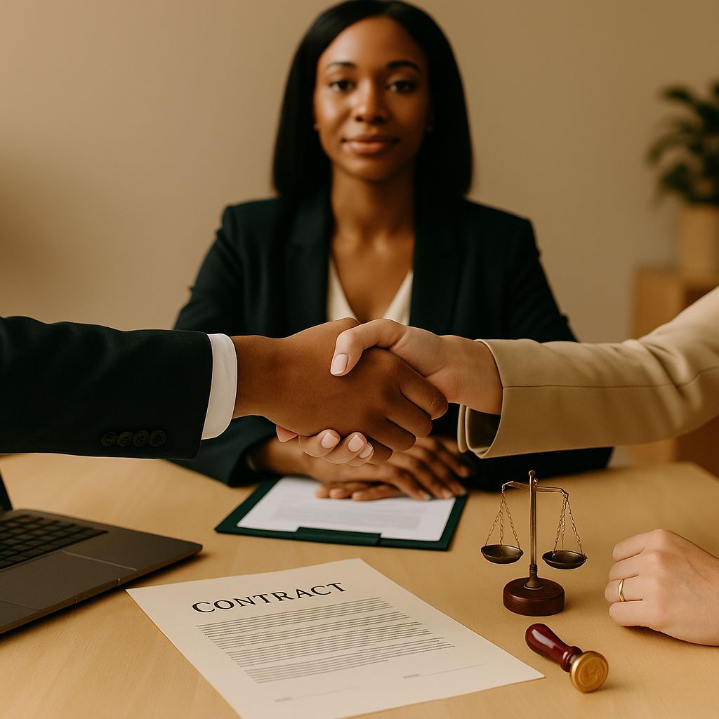 Un hombre con traje y corbata está sentado en un escritorio con una estatua de la justicia.