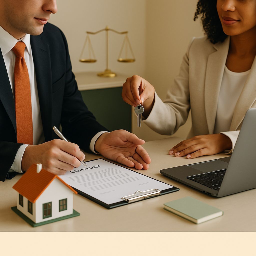 Un abogado escribe en un portapapeles frente a una estatua de la justicia.