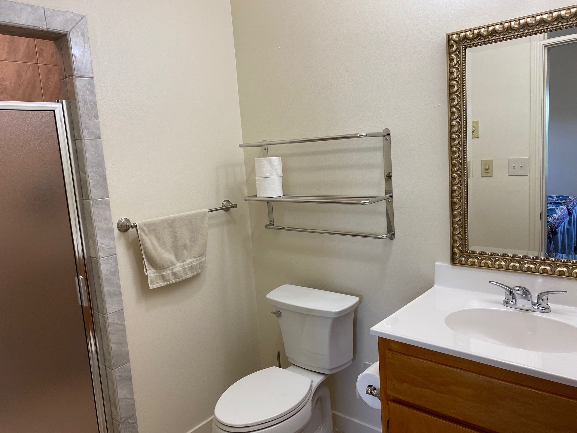 A bathroom with a toilet , sink and mirror.