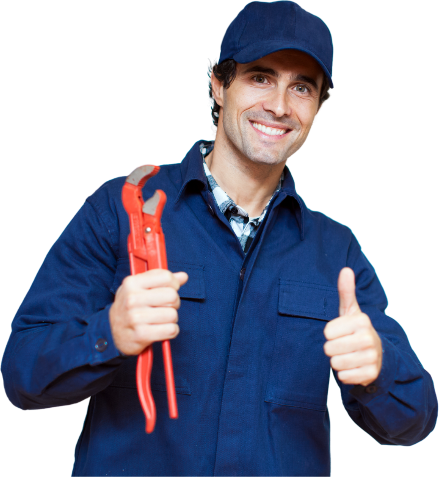 A man in a blue uniform is holding a wrench and giving a thumbs up