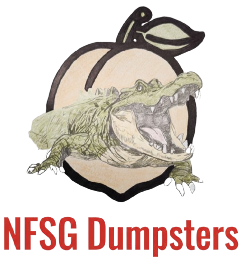 Alligator emerging from a peach, company logo for NFSG Dumpsters.