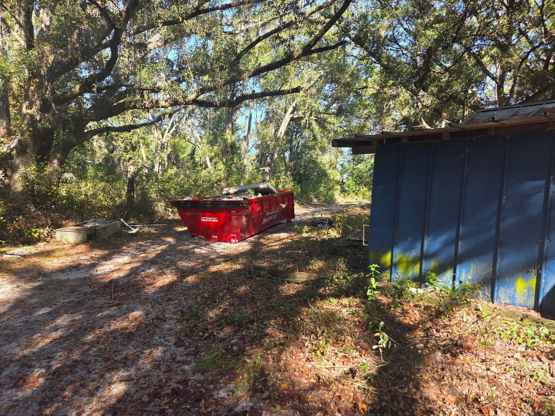 Red dumpster next to a blue building in a wooded area with sunlight filtering through trees.