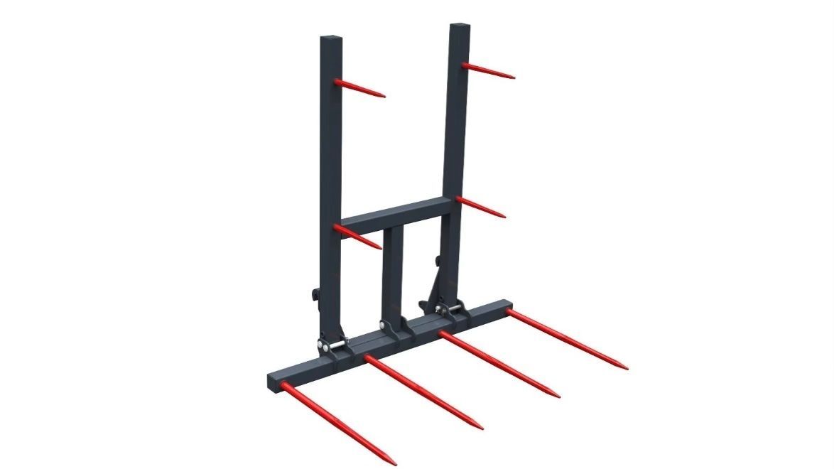 Ein Bild einer Heuballengabel auf weißem Hintergrund.