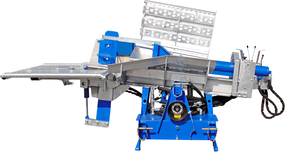 Eine blau-silberne Maschine steht auf einer weißen Fläche.