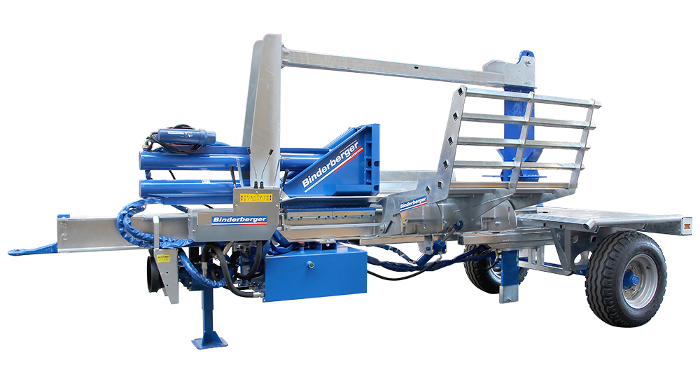 Eine blau-silberne Maschine steht auf einem Anhänger auf weißem Hintergrund.