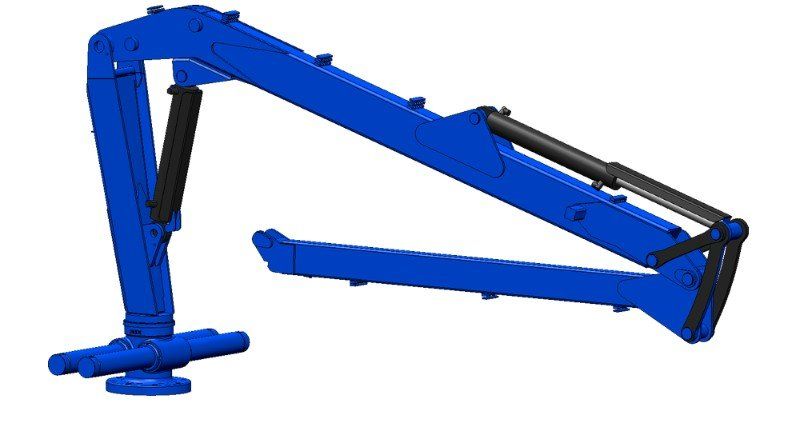 Auf weißem Grund ist ein blauer Kranarm abgebildet.